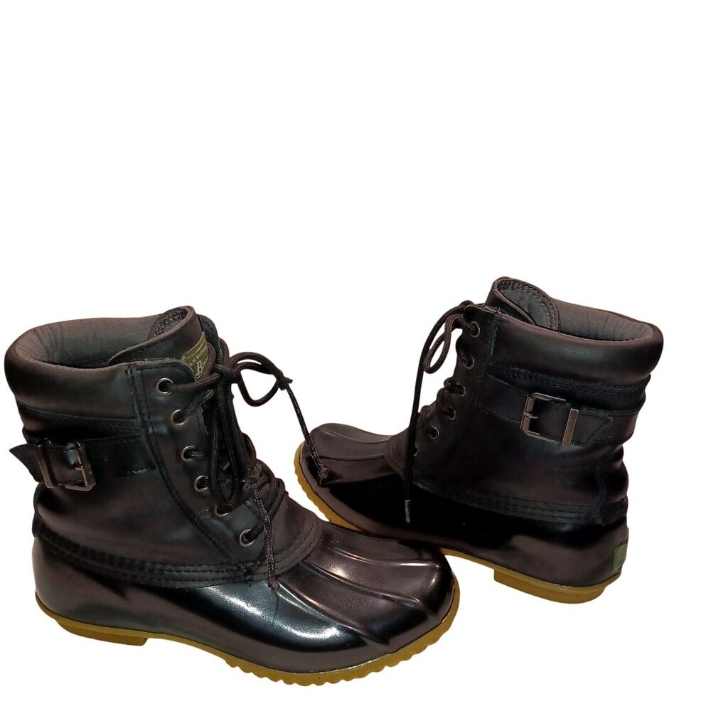 Bass Duck Boots Mud Rain Shoes Harlequin Black Leather Waterproof Womens Size 8 - Picture 2 of 13